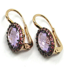 Cargar imagen en el visor de la galería, 18k rose gold leverback flower earrings oval crystal purple cubic zirconia frame.