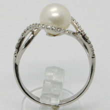 Cargar imagen en el visor de la galería, 18k white gold band pearl zirconia ring ondulate, wave, braided.