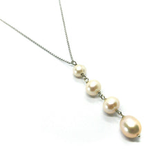 Load image into Gallery viewer, 18k white gold lariat necklace rolo chain fw round oval drop pink pearl pendant.