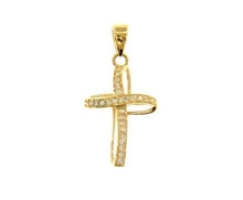 Cargar imagen en el visor de la galería, 18K YELLOW GOLD 13mm ONDULATE FLOWER CROSS WITH WHITE ROUND CUBIC ZIRCONIA.