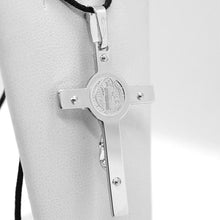 Load image into Gallery viewer, 18k white gold big cross with Jesus & saint Benedict medal made in Italy, 44 mm.