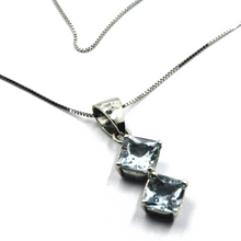 Cargar imagen en el visor de la galería, 18k white gold two aquamarine 2 ct princess cut pendant venetian chain necklace.