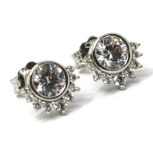 Load image into Gallery viewer, SOLID 18K WHITE GOLD STUD EARRINGS, SUN, CROWN, EYE, CUBIC ZIRCONIA, 0.3 INCHES.