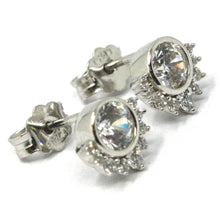 Load image into Gallery viewer, SOLID 18K WHITE GOLD STUD EARRINGS, SUN, CROWN, EYE, CUBIC ZIRCONIA, 0.3 INCHES.