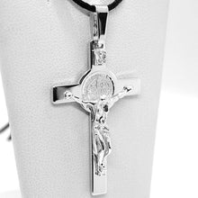 Load image into Gallery viewer, 18k white gold big cross with Jesus & saint Benedict medal made in Italy, 44 mm.