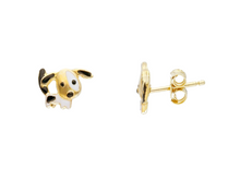 Load image into Gallery viewer, 18k yellow gold kid child girl baby earrings enamel black white 7mm dogs dog.
