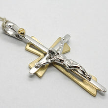 Load image into Gallery viewer, SOLID 18K WHITE YELLOW GOLD PENDANT DOUBLE CROSS, JESUS, SATIN, MADE IN ITALY.