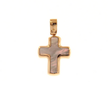 Load image into Gallery viewer, 18k rose gold small 17mm rounded stylized cross with mother of pearl pendant.