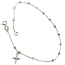Cargar imagen en el visor de la galería, 18k white gold mini rosary bracelet, 1.5 mm spheres, pendant cross, 7.1 inches.