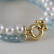 Cargar imagen en el visor de la galería, 18k yellow gold bracelet with 2 strands pearls and aquamarine 7 in made in Italy.