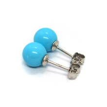 Load image into Gallery viewer, 18k white gold 8mm spheres balls reconstructed turquoise button earrings.