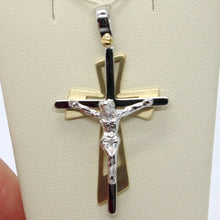 Load image into Gallery viewer, SOLID 18K WHITE YELLOW GOLD PENDANT DOUBLE CROSS, JESUS, SATIN, MADE IN ITALY.