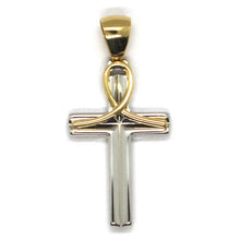 Load image into Gallery viewer, 18K YELLOW WHITE GOLD SQUARE TUBE ALTERNATE CROSS, 3 CM 1.2 INCHES MADE IN ITALY.