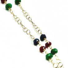 Load image into Gallery viewer, 18k yellow gold heart necklace, faceted green emerald, red ruby, blue sapphire.