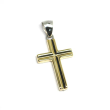 Load image into Gallery viewer, 18K YELLOW WHITE GOLD CROSS, SQUARED 25mm, 0.98 inches, CARVED TUBE ITALY MADE.