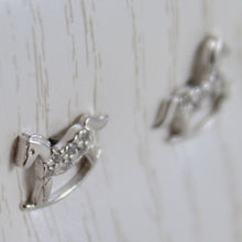 Cargar imagen en el visor de la galería, 18k white gold earrings mini rocking horse zirconia for kids child.