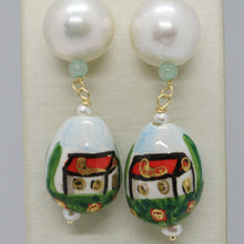 Cargar imagen en el visor de la galería, 18k yellow gold earrings aventurine & ceramic drop home hand painted in Italy.