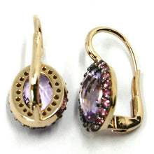 Cargar imagen en el visor de la galería, 18k rose gold leverback flower earrings oval crystal purple cubic zirconia frame.
