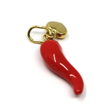 Load image into Gallery viewer, 18K YELLOW GOLD RED ENAMEL HORN CORNICELLO 17mm & MINI HEART PENDANT, MADE IN ITALY.