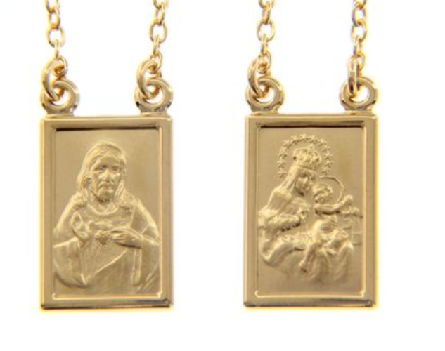 Medaglione Rettangolare Placcato Oro - Madonna Del Carmine E Sacro Cuore Di Ges&ugrave; - Brasile