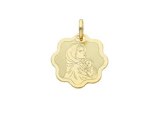 Cargar imagen en el visor de la galería, 18K YELLOW GOLD FLOWER MEDAL PENDANT WITH VIRGIN MARY AND JESUS MADE IN ITALY.