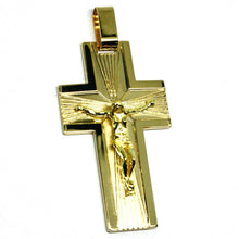 Load image into Gallery viewer, SOLID 18K YELLOW GOLD BIG 42mm FLAT CROSS, WORKED SATIN & SMOOTH WITH JESUS.