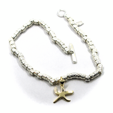 925 STERLING SILVER TUBES CUBES BRACELET & 9K YELLOW GOLD 13mm STARFISH PENDANT.