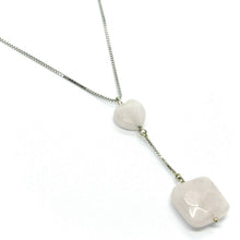 Load image into Gallery viewer, 18k white gold lariat necklace heart & square rose quartz pendant venetian chain.