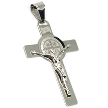 Load image into Gallery viewer, SOLID 18K WHITE GOLD BIG FLAT CROSS WITH JESUS & SAINT BENEDICT MEDAL, 38 mm.