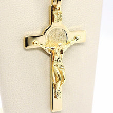 Cargar imagen en el visor de la galería, 18k yellow gold Cross, Jesus & Saint Benedict medal, big 2.1 inches.