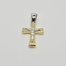 Load image into Gallery viewer, 18k yellow and white gold cross Jesus stylized very luster made in Italy 1.2 in.