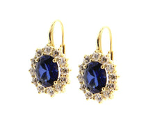 Charger l'image dans la galerie, 18k yellow gold flower leverback earrings big 7x9mm oval blue crystal, zirconia.