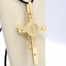 Cargar imagen en el visor de la galería, 18k yellow gold Cross, Jesus & Saint Benedict medal, big 2.1 inches.