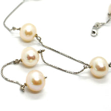 Load image into Gallery viewer, 18k white gold lariat necklace, venetian chain alternate peach pearls 8.5 mm.