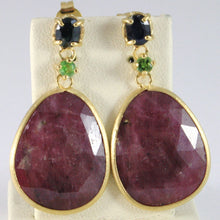 Load image into Gallery viewer, 9k yellow gold pendant earrings, drop ruby, green peridot and blue sapphire.