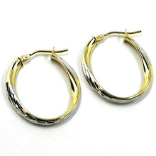 Load image into Gallery viewer, 18K YELLOW WHITE GOLD OVAL CIRCLE HOOPS PENDANT EARRINGS, TWISTED 2.5cm ONDULATE.