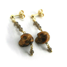 Load image into Gallery viewer, 18k yellow gold 40mm pendant earrings, pirate skull tiger eye, smoky quartz.