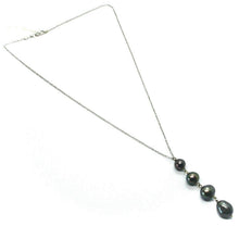 Load image into Gallery viewer, 18k white gold lariat necklace rolo chain fw round oval drop black pearl pendant.