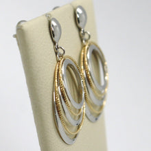 Load image into Gallery viewer, 18K YELLOW WHITE GOLD PENDANT EARRINGS ALTERNATE WORKED CIRCLES, MADE IN ITALY.