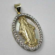 Load image into Gallery viewer, 18k yellow white gold miraculous medal virgin Mary mother of pearl zirconia 21mm.