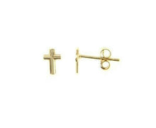 Cargar imagen en el visor de la galería, 18K YELLOW GOLD EARRINGS SMALL CROSS, SHINY, SMOOTH, 4mm, MADE IN ITALY.