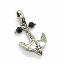 Cargar imagen en el visor de la galería, 18k white gold nautical anchor pendant with black spinel, 0.8" , made in Italy.
