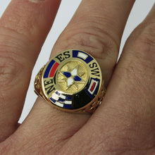Load image into Gallery viewer, 18k yellow gold band man ring, nautical anchor, flags, enamel, compass wind rose.