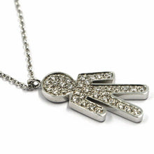 Load image into Gallery viewer, 18k white gold necklace, baby, child, boy, son pendant with diamonds rolo chain.