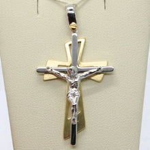 Load image into Gallery viewer, SOLID 18K WHITE YELLOW GOLD PENDANT DOUBLE CROSS, JESUS, SATIN, MADE IN ITALY.