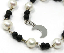 Load image into Gallery viewer, 18k white gold bracelet, faceted black spinel, pearls, flat moon pendant.