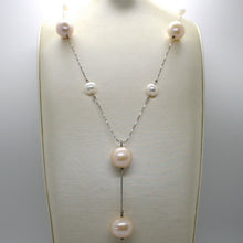 Load image into Gallery viewer, 18k white gold lariat necklace, venetian chain white & peach big pearls 16 mm.