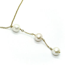 Charger l'image dans la galerie, 18k yellow gold lariat necklace rolo chain fw round white pink pearl pendant.