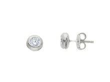 Load image into Gallery viewer, 18K WHITE GOLD BEZEL EARRINGS CUBIC ZIRCONIA WITH FRAME SOLITAIRE DIAMETER 6mm.