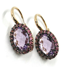 Cargar imagen en el visor de la galería, 18k rose gold leverback flower earrings oval crystal purple cubic zirconia frame.